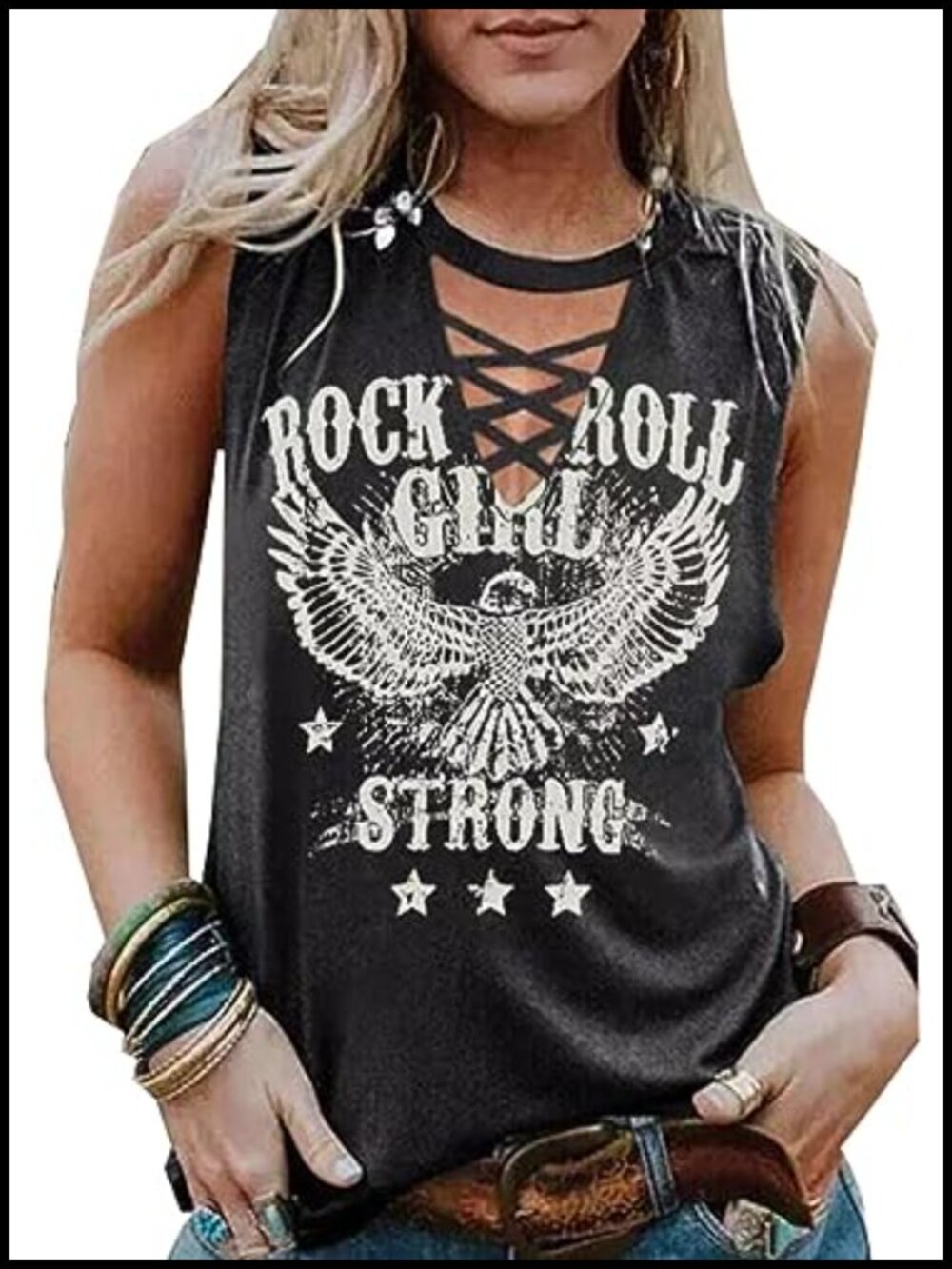 Women's Western Cowboy Tank Top Criss Cross Hollow Out Sleeveless Shirt